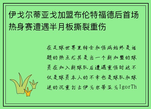 伊戈尔蒂亚戈加盟布伦特福德后首场热身赛遭遇半月板撕裂重伤