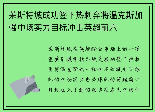 莱斯特城成功签下热刺弃将温克斯加强中场实力目标冲击英超前六